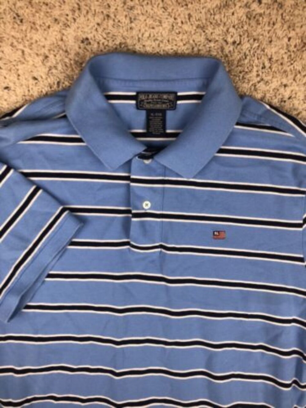 Polo Jeans Company Vintage Polo Shirt S/S Blue White Striped Mens Size XL w Logo